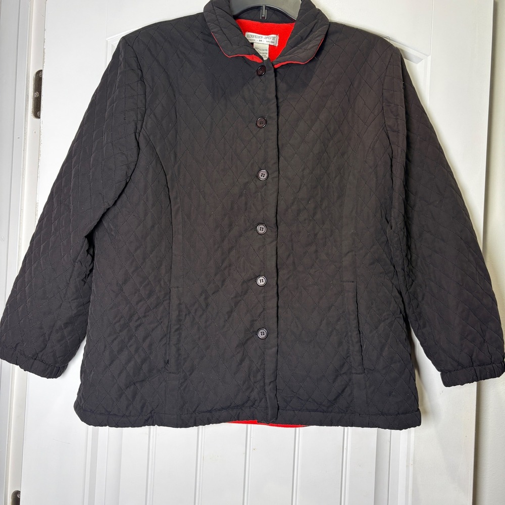 Euro Joy Quilted Jacket Women Medium Black Red Fleece Trim Button Down Barn Coat